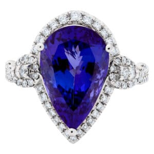 Pear shape 6.43 carat Tanzanite and diamond ring in 14k white gold