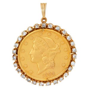 Twenty dollars gold coin 1904 pendant set in 14k setting with 27 diamonds