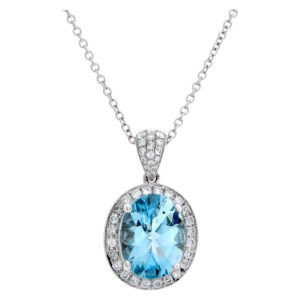 Diamond and aqua 14k white gold pendand on an 18k white gold chain