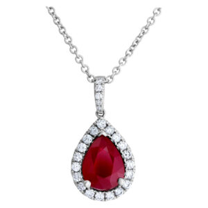 18k white gold chain necklace with 18kwhite gold diamond and ruby pear shaped pendant