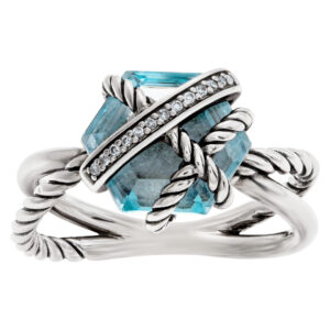 David Yurman sterling silver "Cable Wrap" Ring with Blue Topaz and Diamonds - Size 7