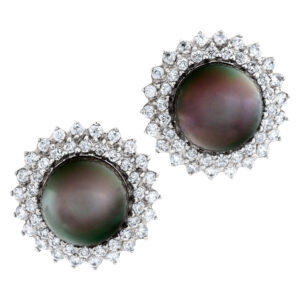 Tahitian pearl earrings surrounded by diamonds