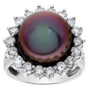 Tahitian pearl (14 x 14 .5mm) diamond ring set in 18k white gold