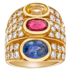 Blue sapphire, ruby and citrine ring with over 2 carats in diamond accents in 18k gold.