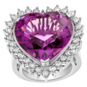 Spectacular 27.99 carats heart shaped cut Amethyst and diamond ring set 14k white gold.