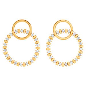 Stylish double hoops drop earrings with approx. 0.75 carat full cut round brilliant diamonds set in 14k yellow gold