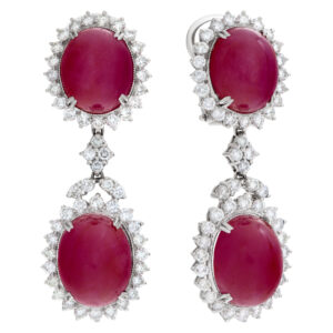 Burma no heat cabachon ruby drop earrings in 18k white gold