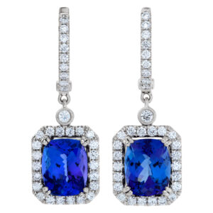 18k white gold drop earrings with 7 cts in cushion tanzanite & 1.11 cts in diamonds