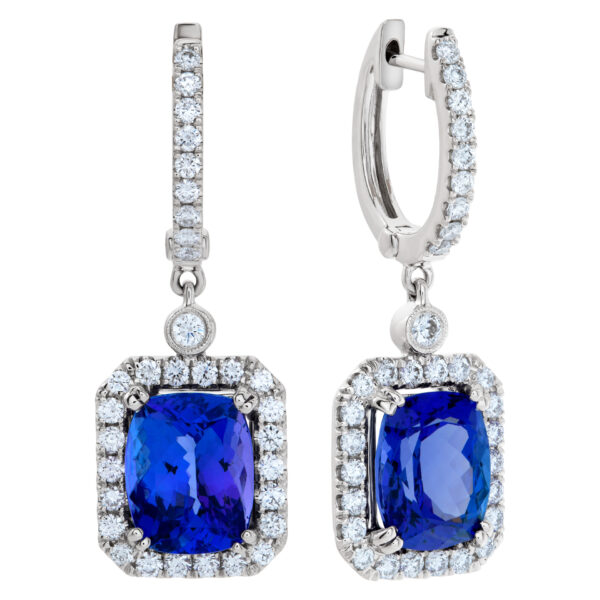 18k white gold drop earrings with 7 cts in cushion tanzanite & 1.11 cts in diamonds