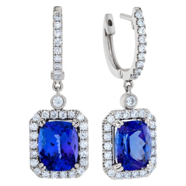 18k white gold drop earrings with 7 cts in cushion tanzanite & 1.11 cts in diamonds