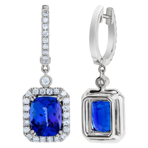 18k white gold drop earrings with 7 cts in cushion tanzanite & 1.11 cts in diamonds