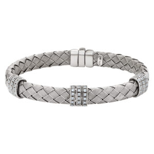 Double braided flexible bangle in 14k white gold with diamonds.