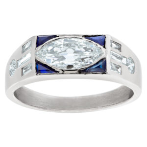 Art deco marquise diamond ring with blue sapphires and diamond accents in platinum