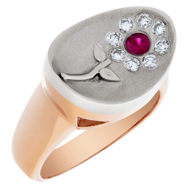 Ruby & diamond flower ring in 14k rose and white gold