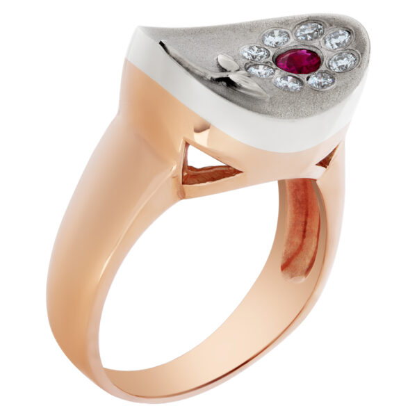 Ruby & diamond flower ring in 14k rose and white gold