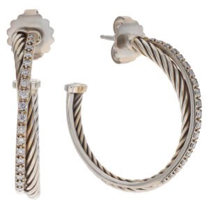 David Yurman Crossover 14k and sterling silver diamond hoop earrings