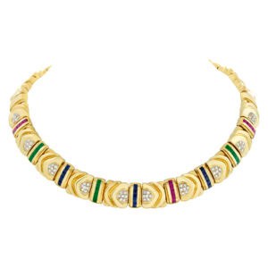 Glamorous Choker/Necklace with Diamonds, Ruby, Emerald & Sapphires accents,  set in 18K yellow gold.