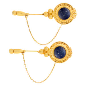 Elegant Etruscan revival design Lapis Lazuri lapel pins in 18k