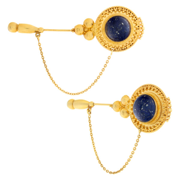 Elegant Etruscan revival design Lapis Lazuri lapel pins in 18k