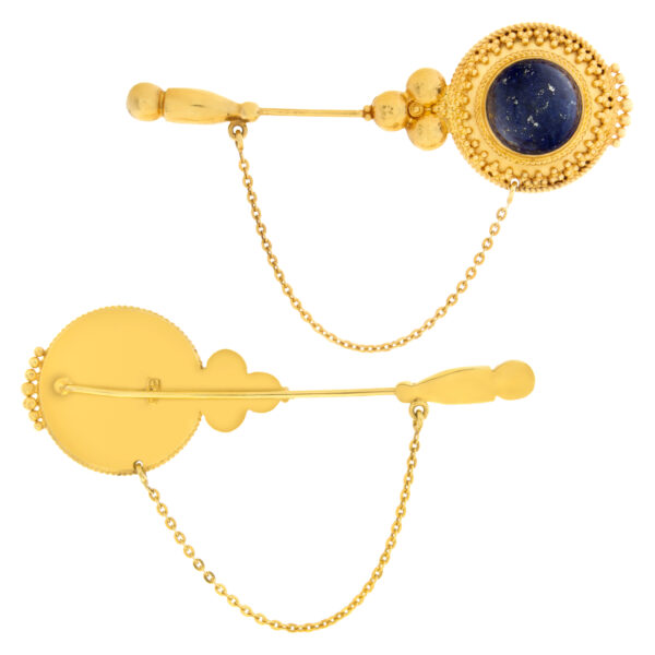 Elegant Etruscan revival design Lapis Lazuri lapel pins in 18k