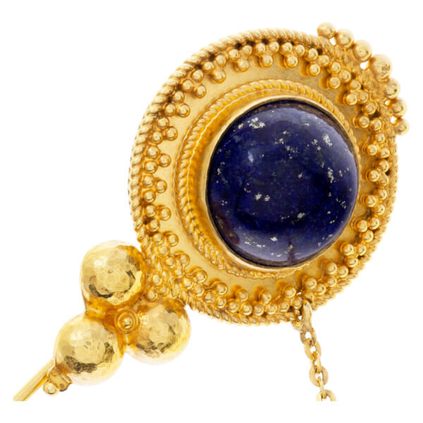 Elegant Etruscan revival design Lapis Lazuri lapel pins in 18k