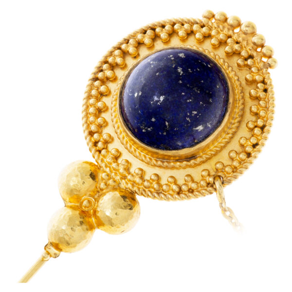 Elegant Etruscan revival design Lapis Lazuri lapel pins in 18k