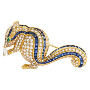 Adorable vintage Squirrel pin with Diamonds & Square calibrated sapphire set in 18K yellow gold.