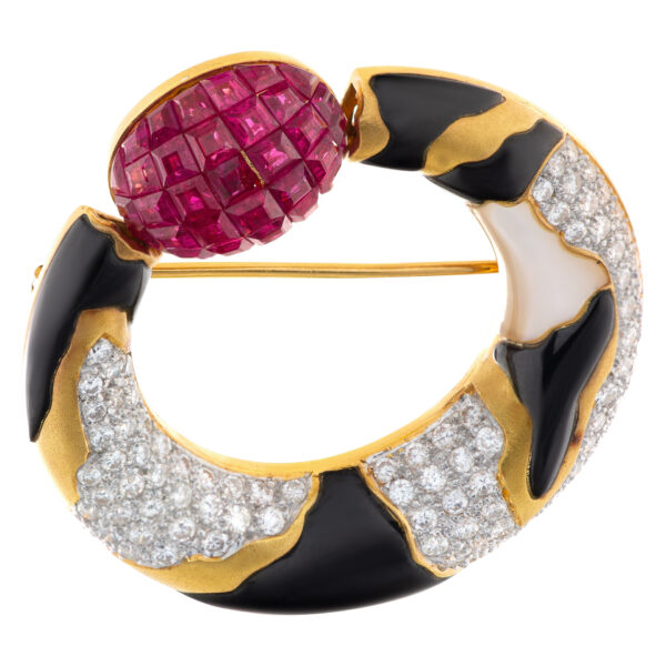 Moon design pin in 18k yellow gold with pave diamonds, mother of pearl, onyx and invisible set rubies.