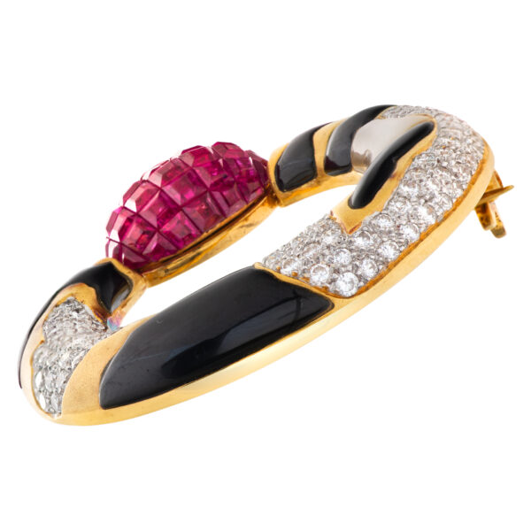 Moon design pin in 18k yellow gold with pave diamonds, mother of pearl, onyx and invisible set rubies.