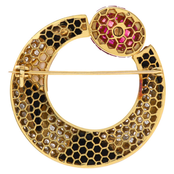 Moon design pin in 18k yellow gold with pave diamonds, mother of pearl, onyx and invisible set rubies.