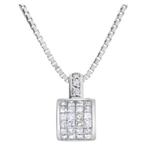 Diamond barrel pendant in 14k white gold with invisible set princess cut diamonds