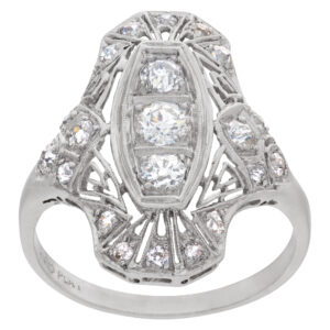 Art deco platinum diamond ring with filagree design set with approximately 1 carat in diamonds