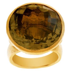 Gurhan faceted quartz ring in 24k hammered YG with stunning golden skintalation