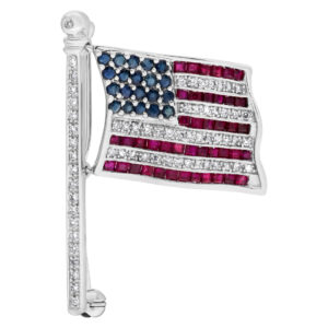 "Red, White & Blue" American flag pin/brooch in 14k white gold with diamonds, rubies and sapphires