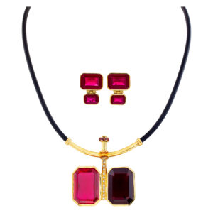 Modernist design necklace & earrings set, on a black cord with colorful beveled red emerald cut  & pave diamond accent, in 18Kt yellow gold.