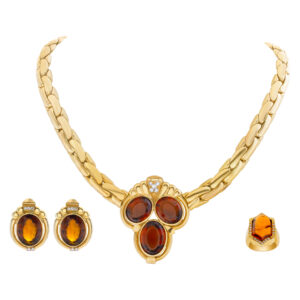 Necklace and Earring set with madeira citrine & diamonds in 18k yellow gold