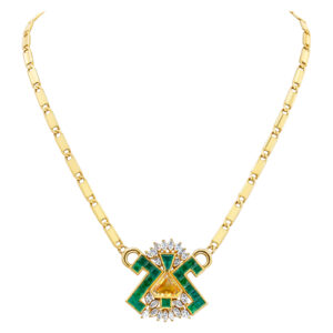 Emerald, diamond and citrine pendant in 18k yellow gold.