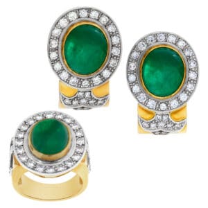 Amazing Earrings & Ring set with cabochon emerald and diamond set in 18k.