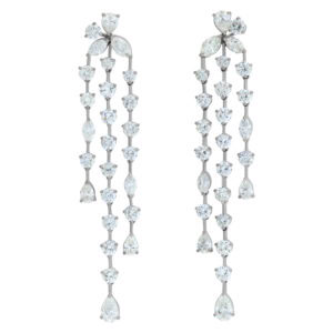 Sparkling waterfall of diamond earrings. Over 12.35 carats total weight, full round brilliant, pear,