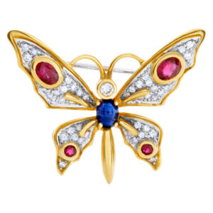 Designer signed "1925 AL" Butterfly with rubies, diamonds & cabochon sapphire