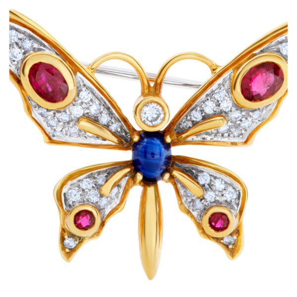 Designer signed "1925 AL" Butterfly with rubies, diamonds & cabochon sapphire