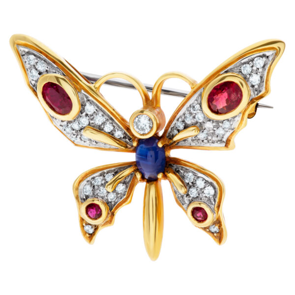 Designer signed "1925 AL" Butterfly with rubies, diamonds & cabochon sapphire