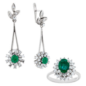 Emerald and diamond earrings and ring set in 18k white gold