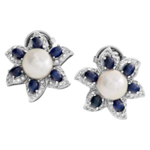 Flower design earrings in 14k white gold with sapphires, diamonds and pearls.