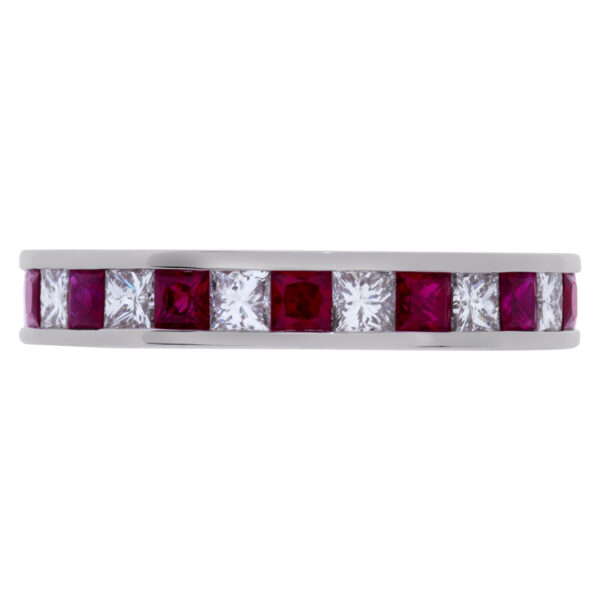 Diamond and red ruby eternity band in 18k white gold