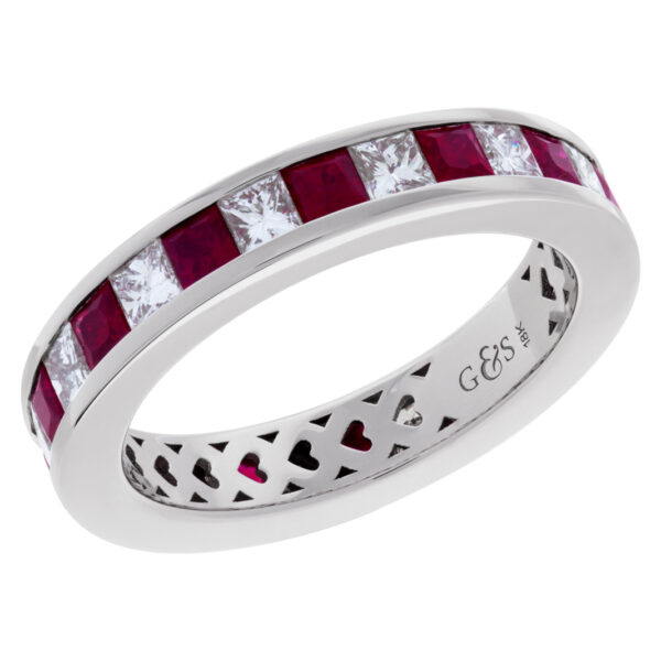 Diamond and red ruby eternity band in 18k white gold