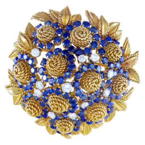 Sapphire and diamond rope flower-like brooch in 18k