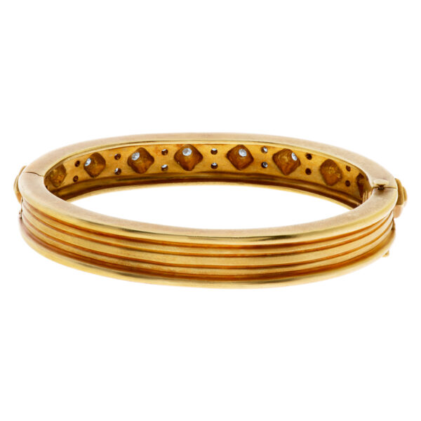 Designer "DORIS PANOS" Etruscan revival style yellow gold bangle bracelet w/ approx. 1 carat total full cut round brilliant diamonds.