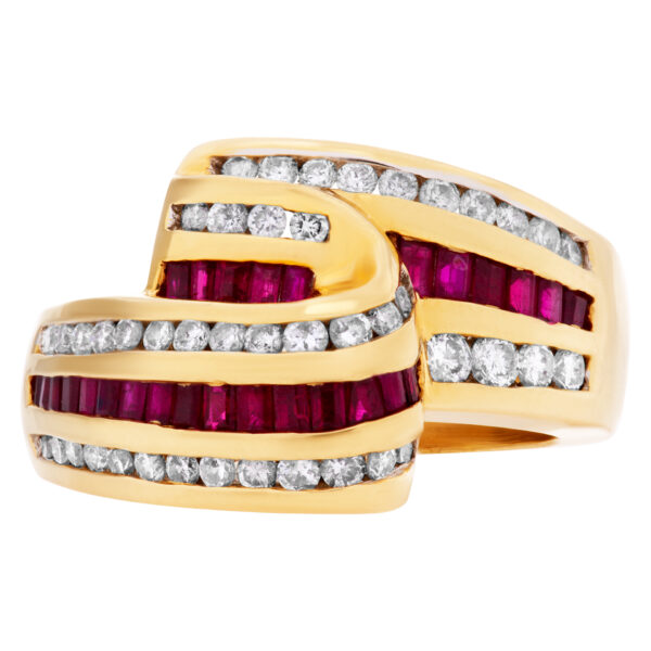 Ruby & diamond bypass swirl ring in 18k