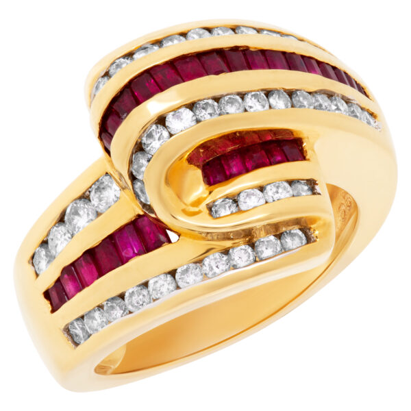 Ruby & diamond bypass swirl ring in 18k